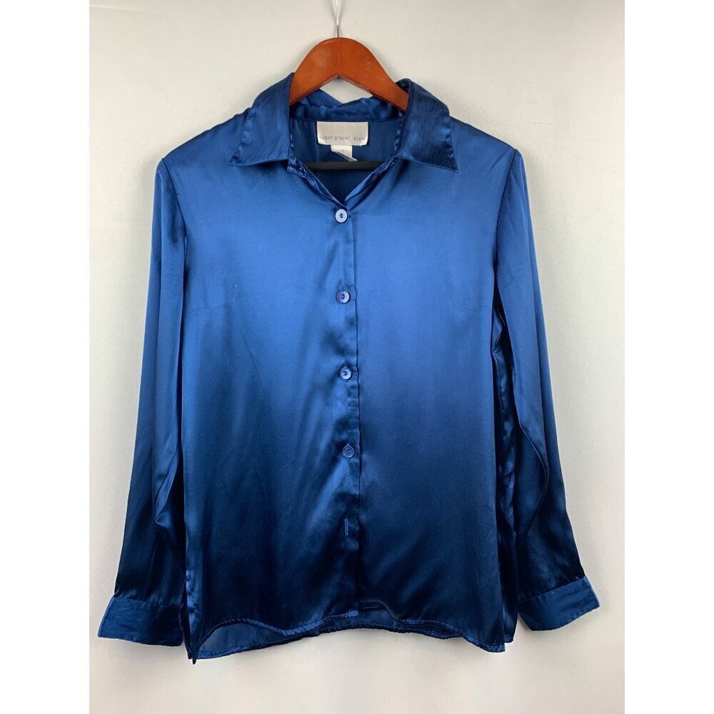 Susan Graver Style Royal Blue Satin Button-Up Shirt XS